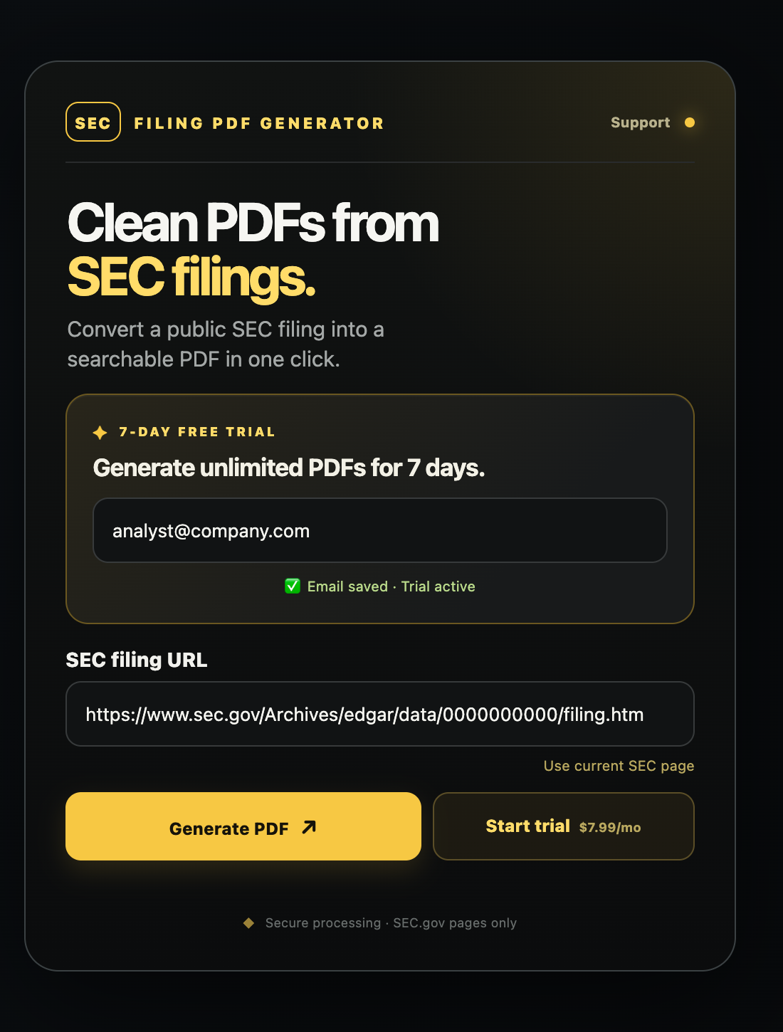 SEC Filing PDF Generator extension screenshot